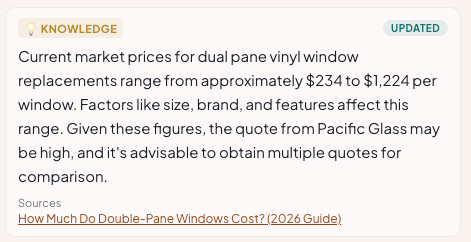 Updated knowledge card summarizing market pricing for dual pane vinyl windows